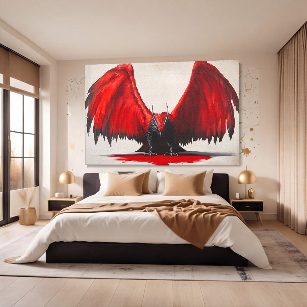 Tablou canvas cu tablou canvas cu pasare fantastica rosu cu negru, fara rama, pe sasiu de lemn, pe perete intr-un dormitor